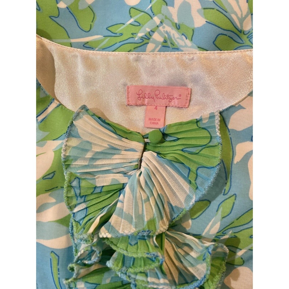 Lilly Pulitzer “Amber” Sleeveless Chiffon Woman’s Top Size 4 Ruffle Floral Green